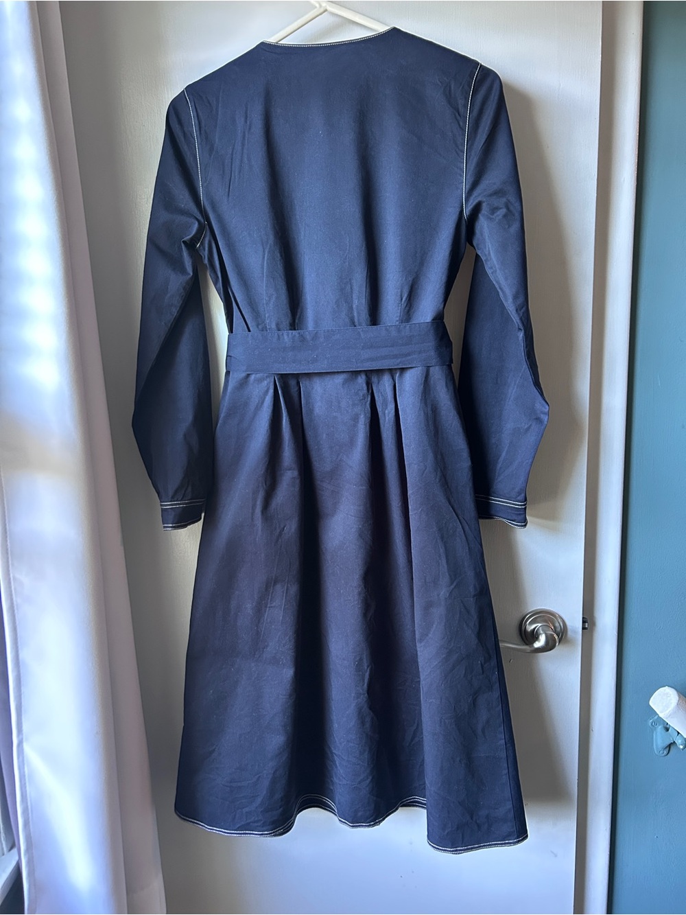Boden Navy Long-Sleeve Button Midi Dress with Tie Waist - Picture 3 of 5